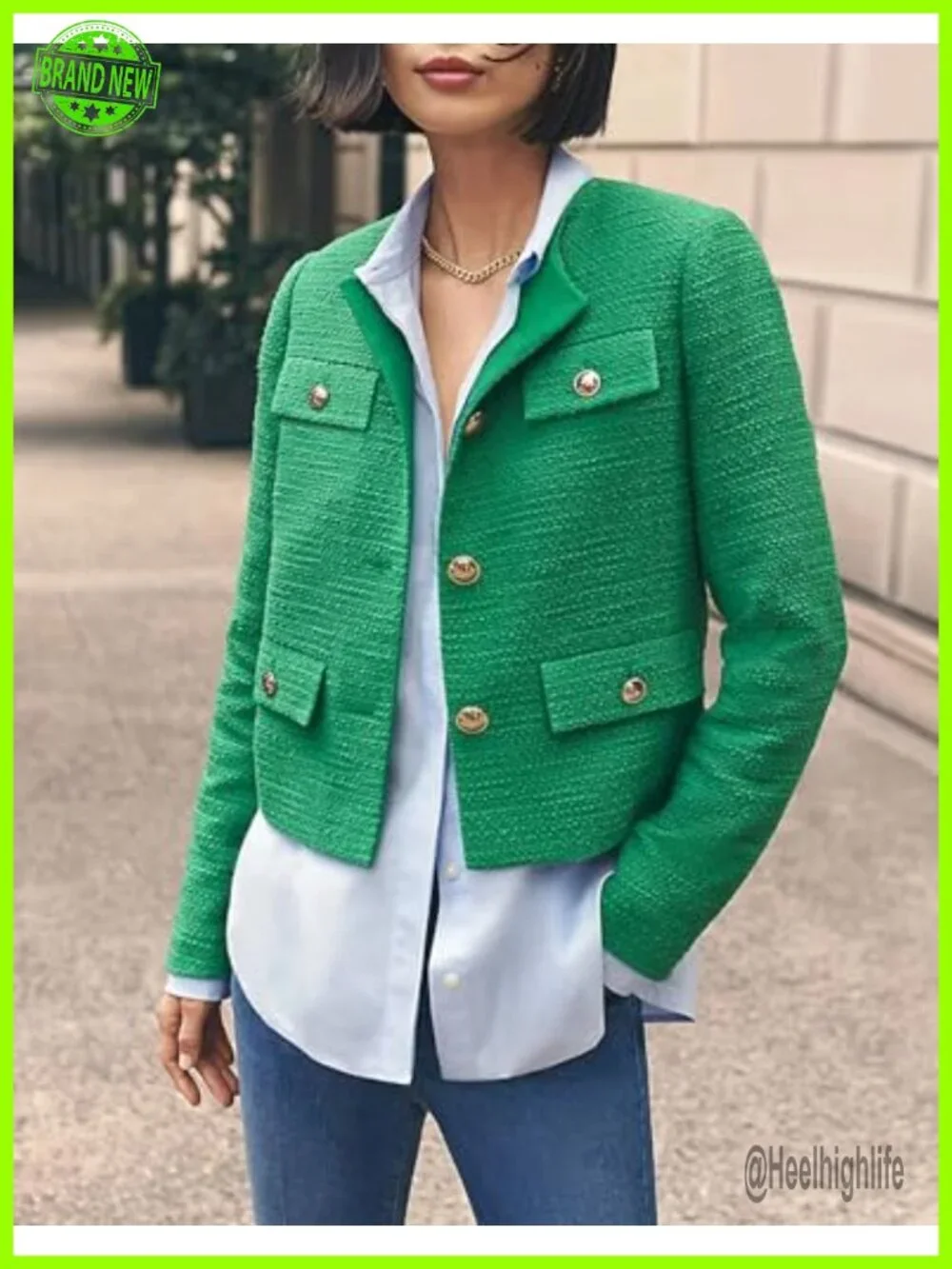 Cropped Tweed Blazer Jacket Collarless Women Business Casual Outfits